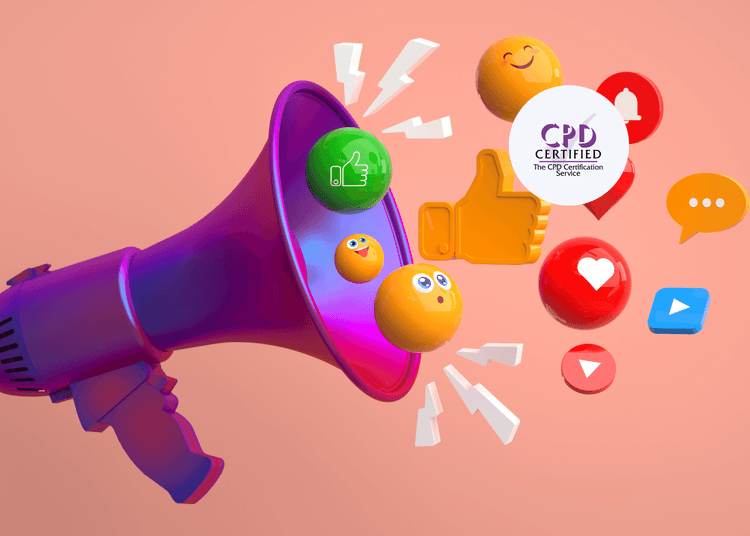 Illustration of social media reactions and tools used to convey impact in CPD Social Media Marketing training. 3D megaphone projecting colourful social media icons, representing digital engagement.