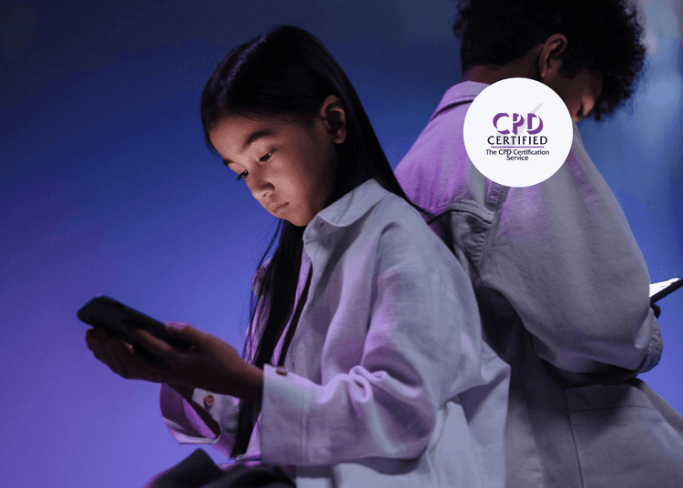 Children absorbed in mobile screens, reflecting the personal impact and emotional risks explored in CPD social media training. Two children sitting back-to-back using smartphones, highlighting risks of social media for young users.